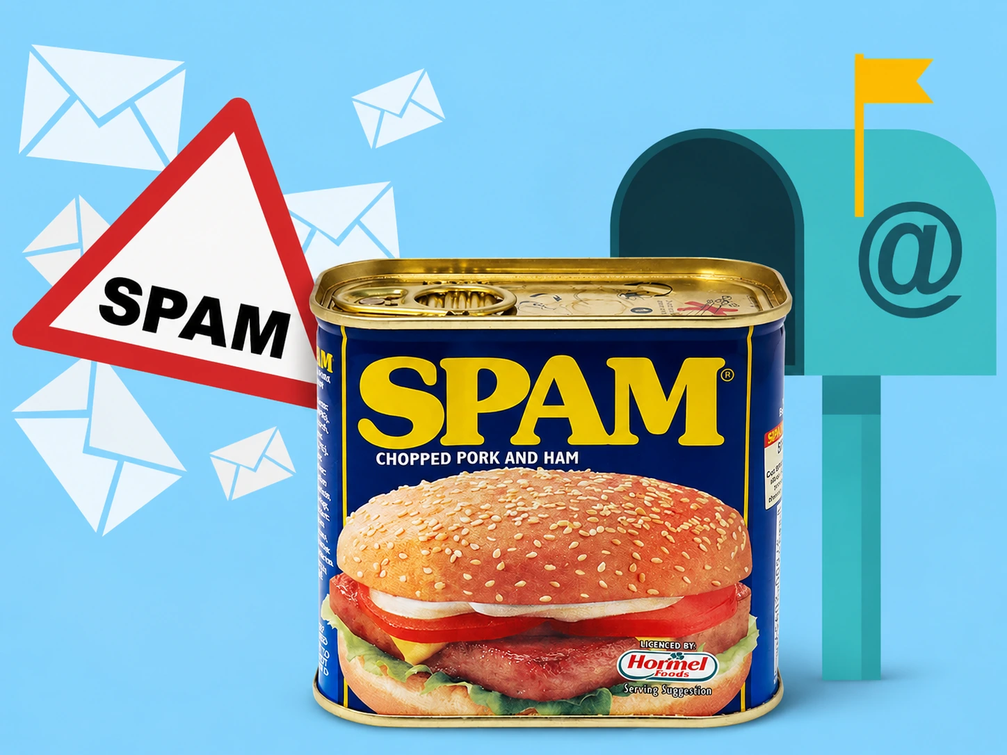左邊是印著 SPAM 的紅色三角警示牌與飛舞的信封，中間是一罐 SPAM 午餐肉，右邊是一個插著黃旗、標著 @ 符號的信箱